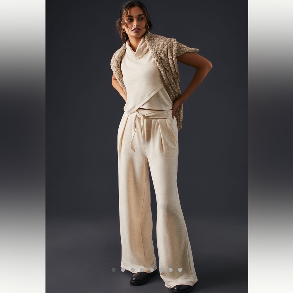 Anthropologie Cream Drawstring Wide-Leg Knit Pants